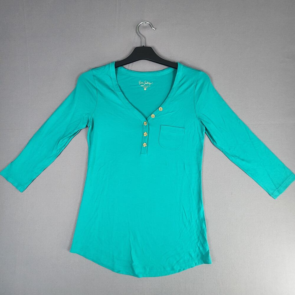 Lilly Pulitzer  XXS teal vneck shirt Gold buttons 100% PIMA Cotton